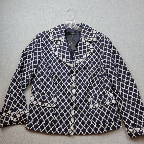 Talbots Blazer Jacket Womens 14 Navy Blue White Geometric Print Cotton New - Picture 1 of 10